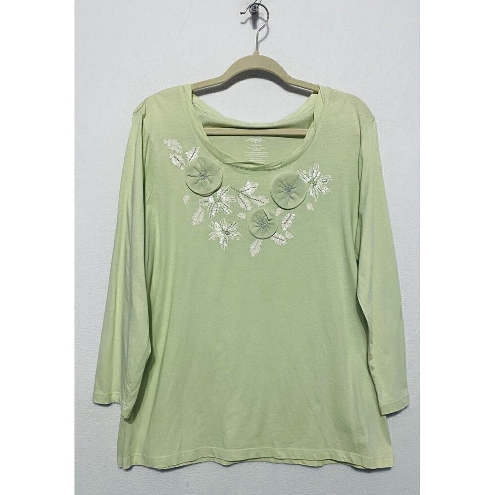 Izod Womens Chiffon Applique Flower Top Green Sequins Scoop Neck Boho XL